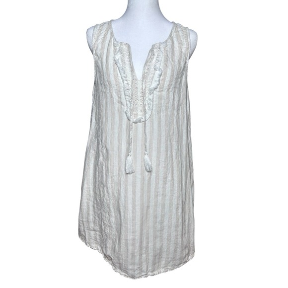 St Tropez West Linen Tank Dress Womens Sz M Taupe & White Stripe Keyhole Pockets - Picture 2 of 8